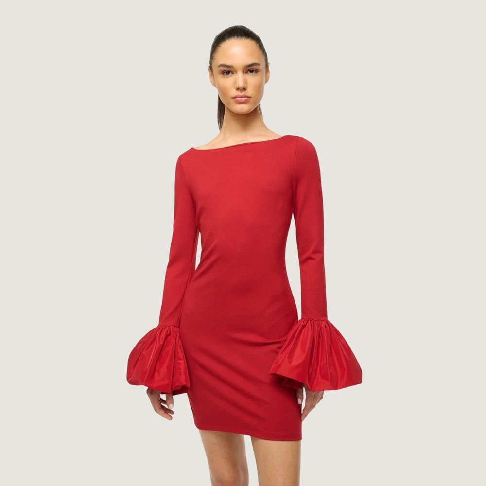 Staud Hawthorne Mini Dress Bell Puff Sleeve XS Red Architectural Party Cocktail